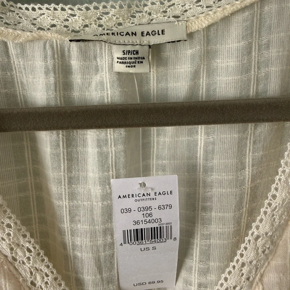 American Eagle Outfitters Cream Gauze Tiered Dress with Crochet Trim - Picture 2 of 3